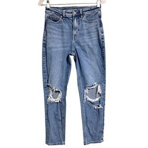 American Eagle Mom Jeans‎ Sz 2 Short Light Wash Distressed Ripped Denim Stretch